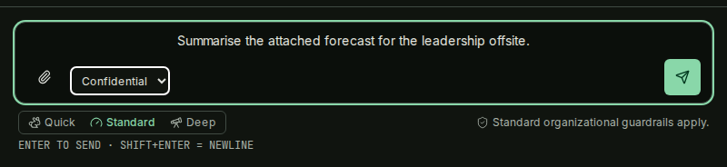 The chat composer with a classification select beside the paperclip, open on Public, Internal, Confidential and Restricted.