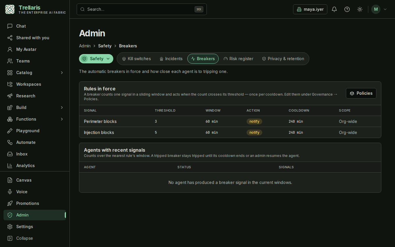 Admin โ Safety โ Breakers: the seeded rules table and the per-agent signal panel.