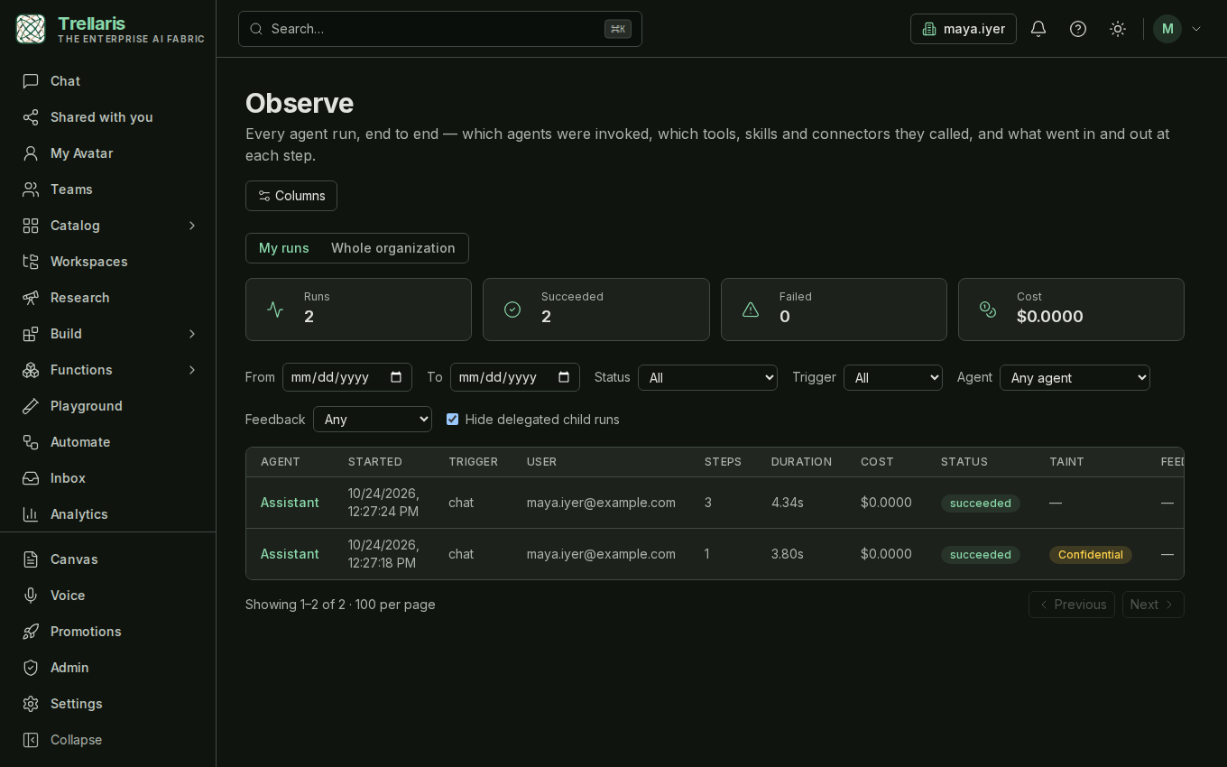 Observe run list with a Taint column showing Internal and Confidential badges beside each run.